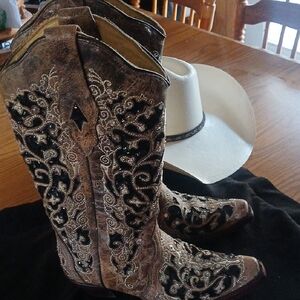 Corral Black and Brown Embroidered Heeled Boots
